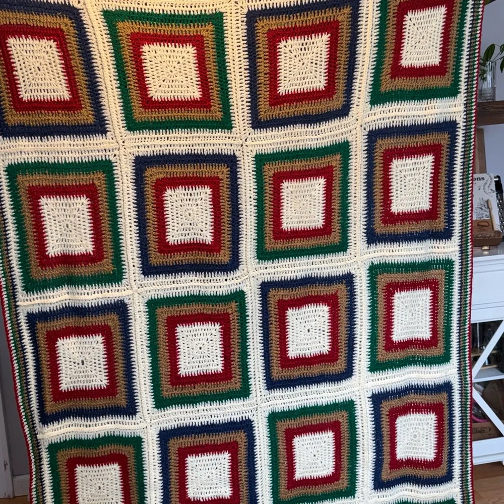 Handmade Crochet Afghan Throw Blanket - Cream, Red, Green, Navy